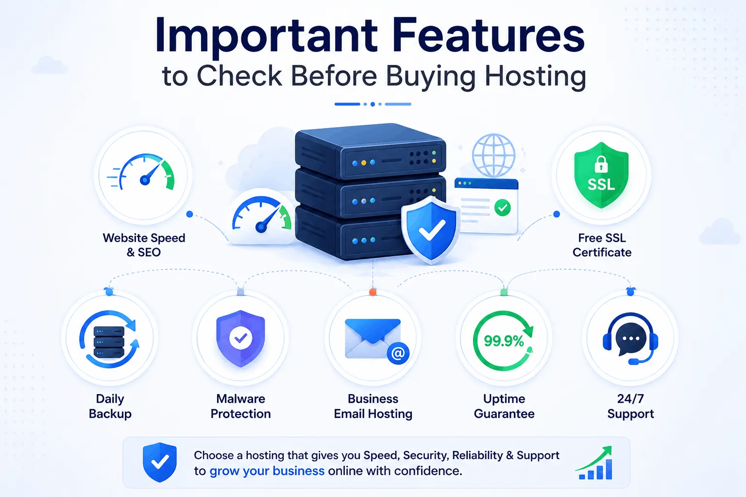 Important web hosting features for business websites including speed, SSL, backup, uptime, and security