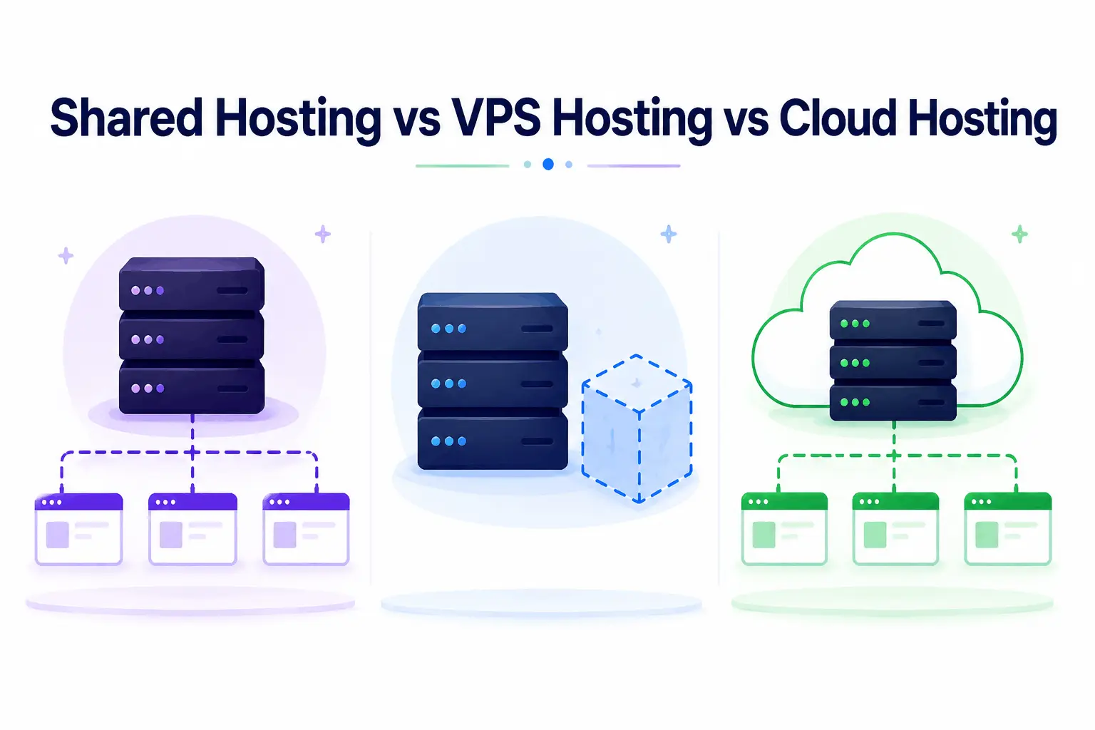 Illustration of shared hosting, VPS hosting, and cloud hosting for business websites